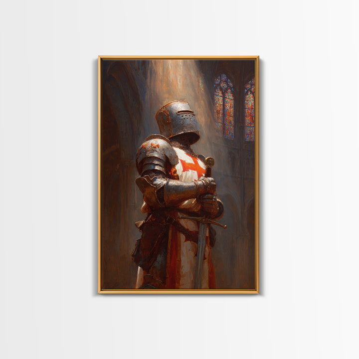 Crusader Knight In Cathedral Sunlight Oil Painting Wall Art Framed Canvas Print Medieval Historical Artwork For Man Cave