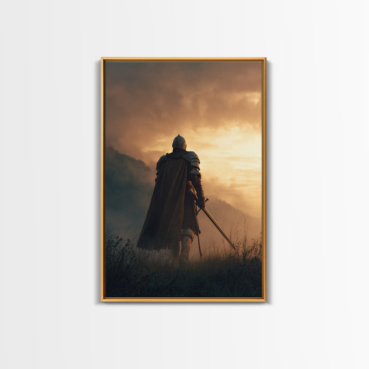 Knight In Shining Armor Facing Dramatic Sky Digital Painting Canvas Print Wall Art For Medieval Decor And Fantasy Ambiance