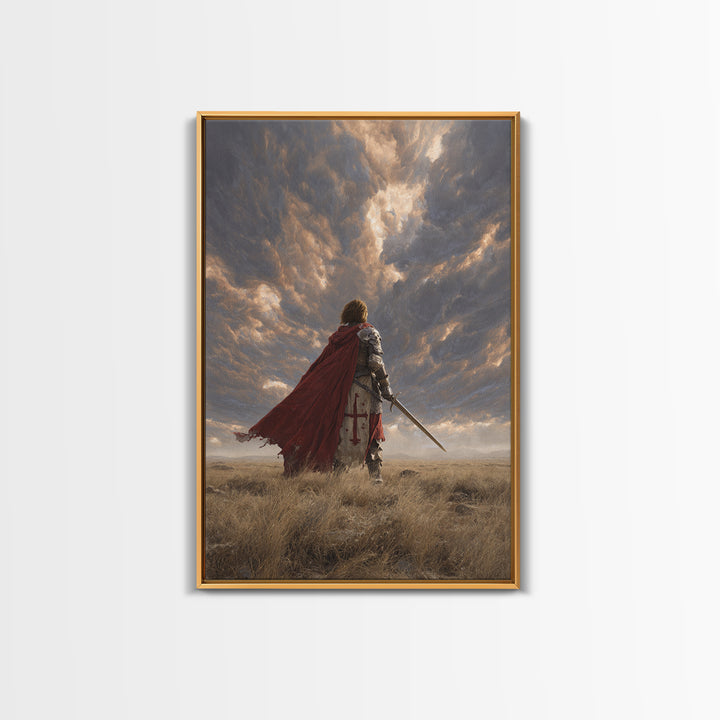 Majestic Knight Kneeling With Sword On Ground Under Dramatic Skies - Captivating Framed Canvas Print For Home