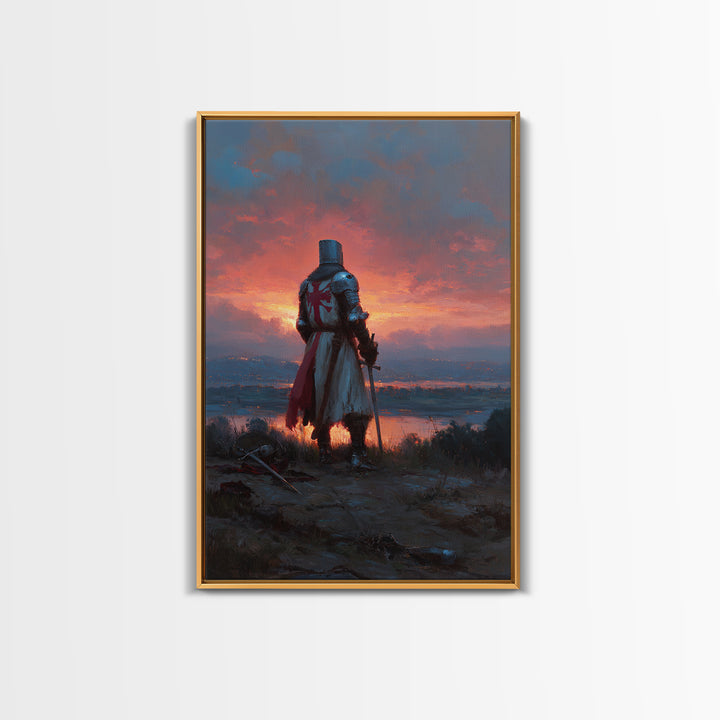 Knight In Armor At Sunset Painting Dramatic Landscape With Medieval Warrior Exploring Emotional Wall Art For Office Decor Or Living Room Framed Canvas Print