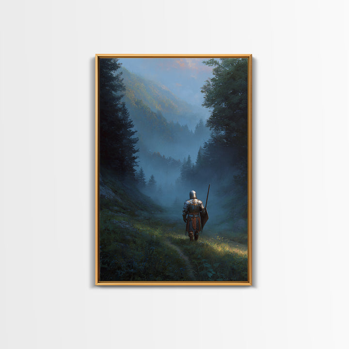 Knight In Armor Standing In Misty Valley Painting Medieval Fantasy Artwork For Office Wall Decor Or Living Room Statement Wall Art Framed Canvas Print