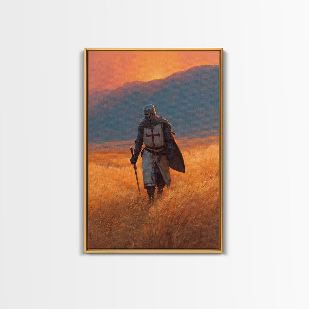 Medieval Knight In Armor With Sword Walking Through Golden Field At Sunset Wall Art Framed Canvas Print