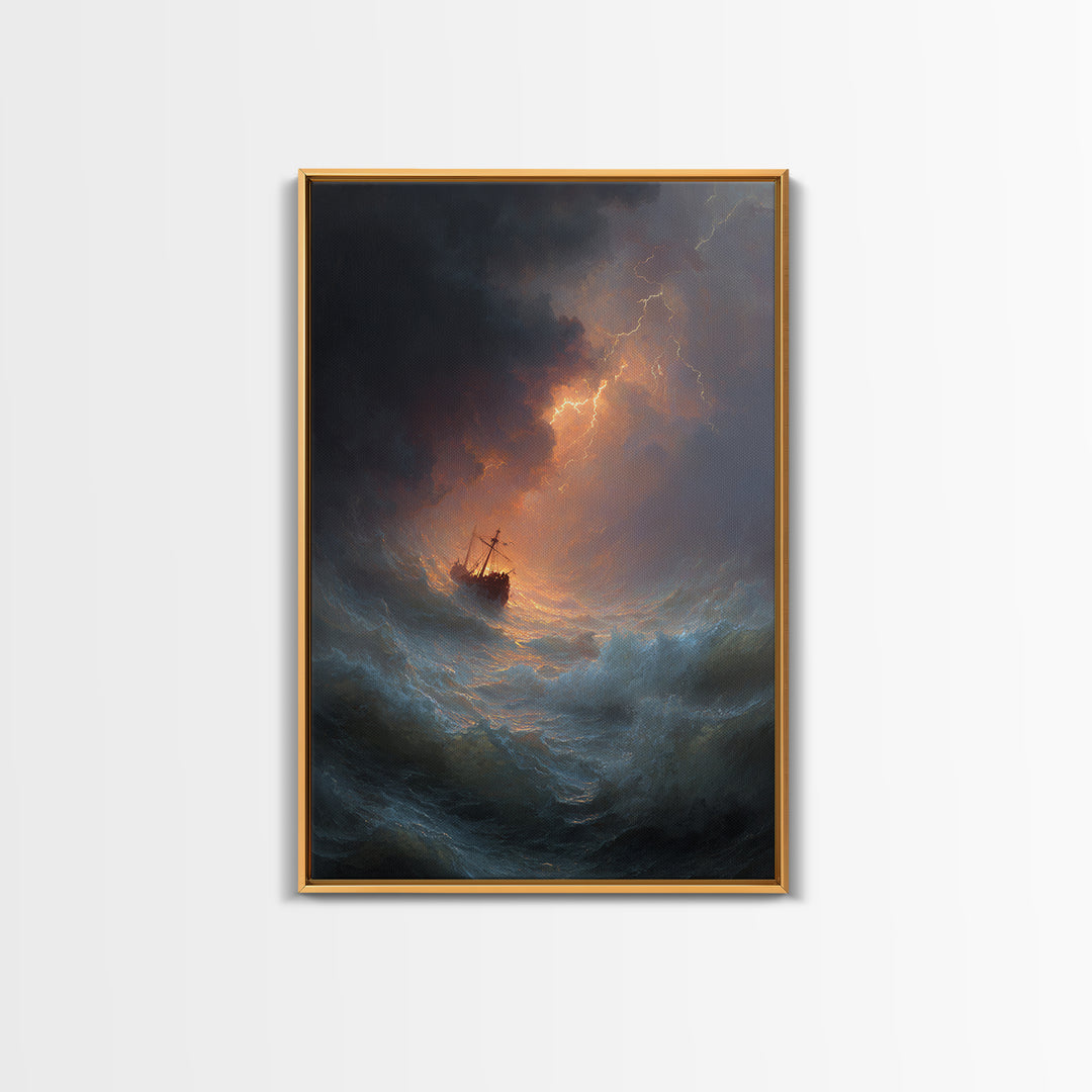 Ship In Stormy Sea With Lightning Strikes Dramatic Ocean Scene Oil Painting Wall Art Canvas Print