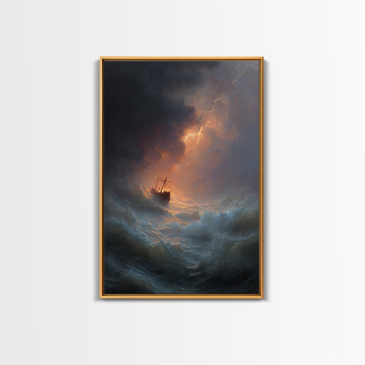 Ship In Stormy Sea With Lightning Strikes Dramatic Ocean Scene Oil Painting Wall Art Canvas Print