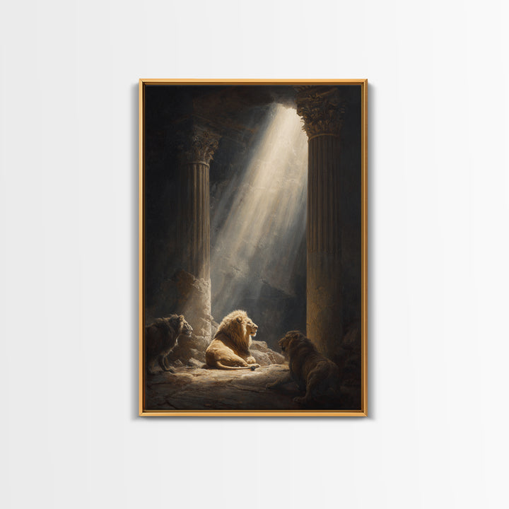 Majestic Lions In Sunlit Ancient Ruins Dramatic Wall Art Canvas Print For Wildlife And Animal Lovers Home Decor