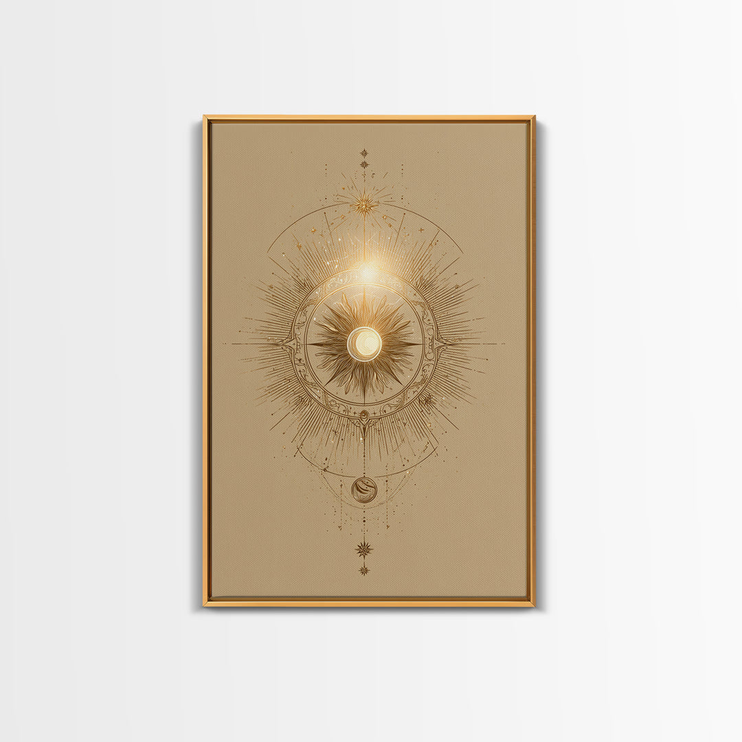 Golden Celestial Sun Mandala Wall Art, Mystical Moon Phase Art Print, Spiritual Home Decor, Boho Meditation Room Decor, Gift For Her