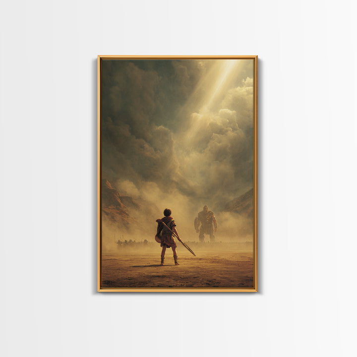 Epic Ancient Warrior Facing Giant In Dramatic Dusty Battlefield Sunlight Wall Art Framed Canvas Print For Living Room Decor