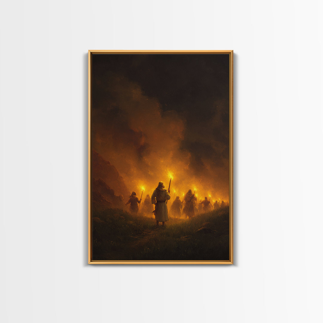 Medieval Procession With Illuminated Torches Dramatic Scene Wall Art Framed Canvas Print For Home And Office
