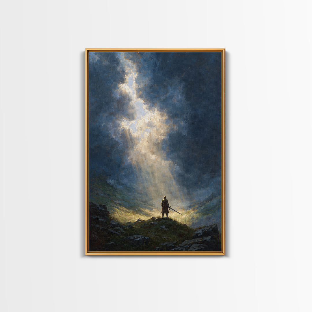 Dramatic Epic Knight Standing Among Mountains With Sword Overlooking Landscape Inspirational Wall Art Canvas Print