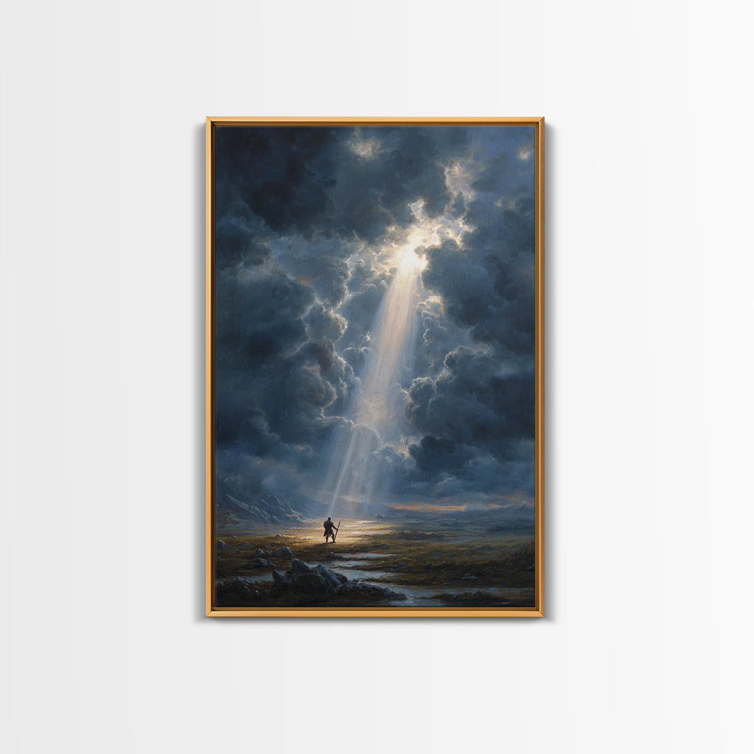 Heroic Fantasy Painting Knight Standing In Beam Of Light Under Dramatic Sky - Canvas Print For Epic Wall Art And Mythical Home Decor
