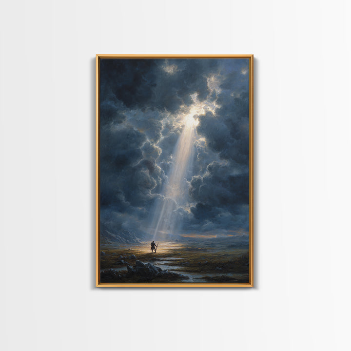 Heroic Fantasy Painting Knight Standing In Beam Of Light Under Dramatic Sky - Canvas Print For Epic Wall Art And Mythical Home Decor