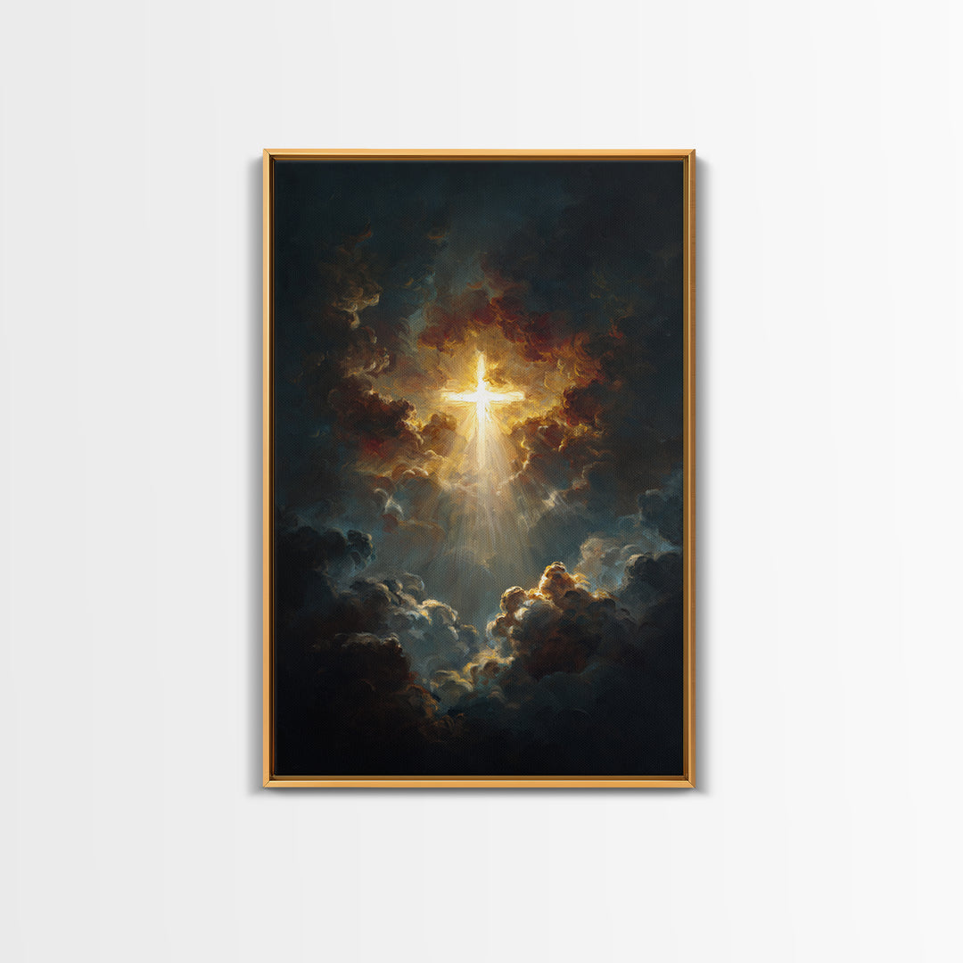 Radiant Golden Cross Amid Dark Clouds Inspirational Christian Wall Art Canvas Print For Home Decor