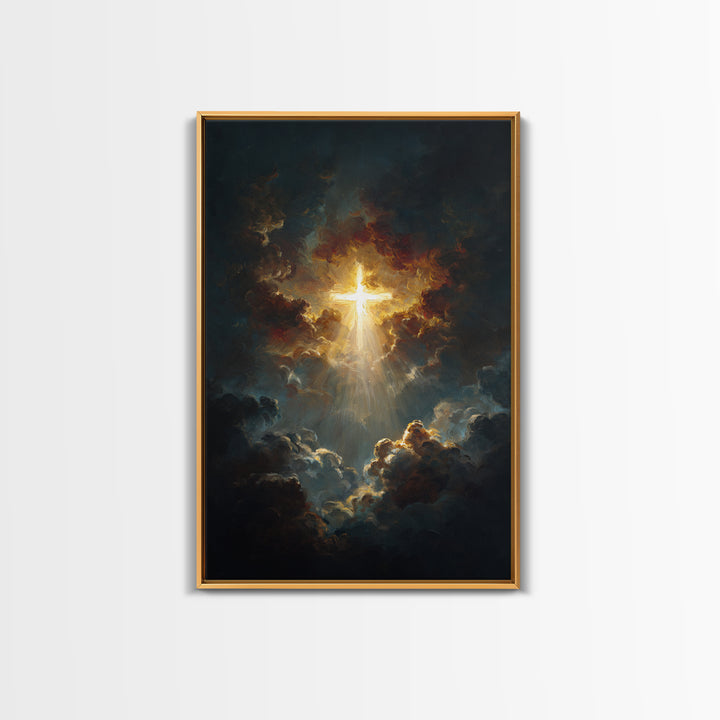Radiant Golden Cross Amid Dark Clouds Inspirational Christian Wall Art Canvas Print For Home Decor