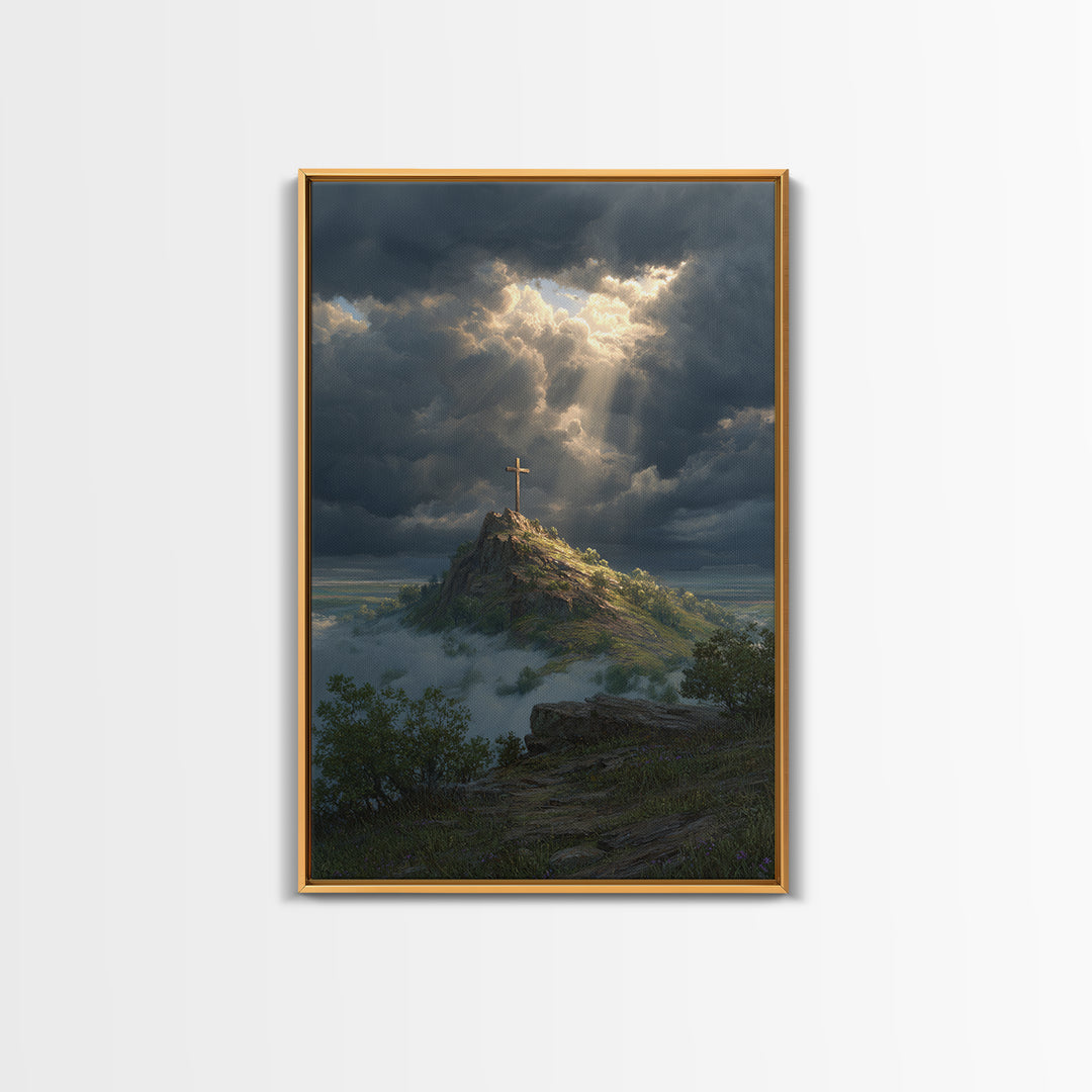 Cross On Mountain Dramatic Sky Contemporary Landscape Oil Painting Wall Art Framed Canvas Print Nature Inspired Home Decor