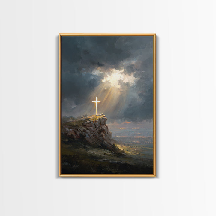 Dramatic Light Over Cliff Cross Spiritual Wall Art Framed Canvas Print For Inspirational Religious Home Decor Or Gift