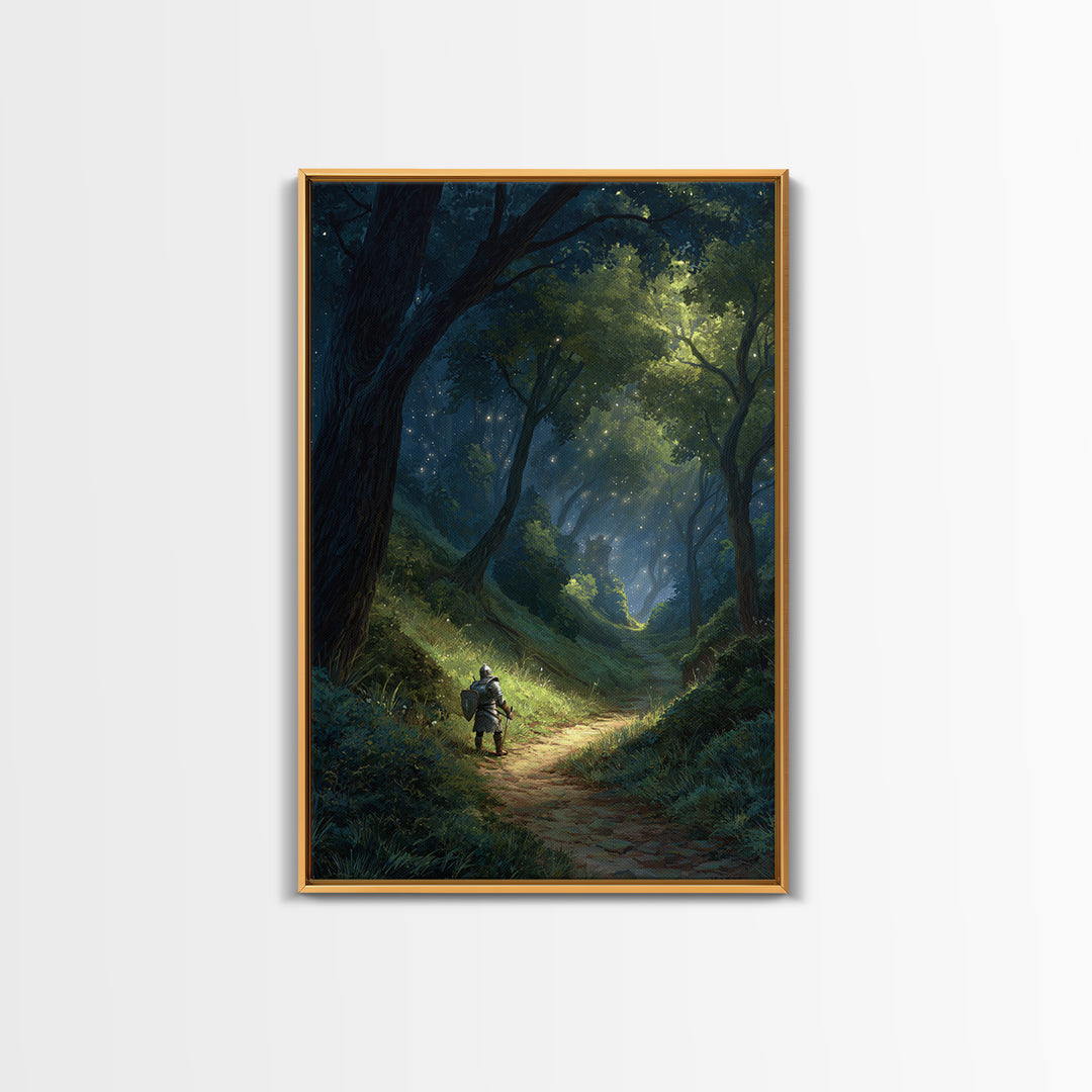 Majestic Knight on Trail in Enchanted Forest Fantasy Art Wall Art Canvas Print For Game Room or Bedroom Decor