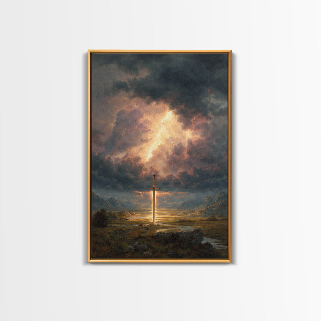 Epic Sword Lightning Storm Fantasy Wall Art Digital Painting Canvas Print For Fantasy Lovers And Gaming Room Decor