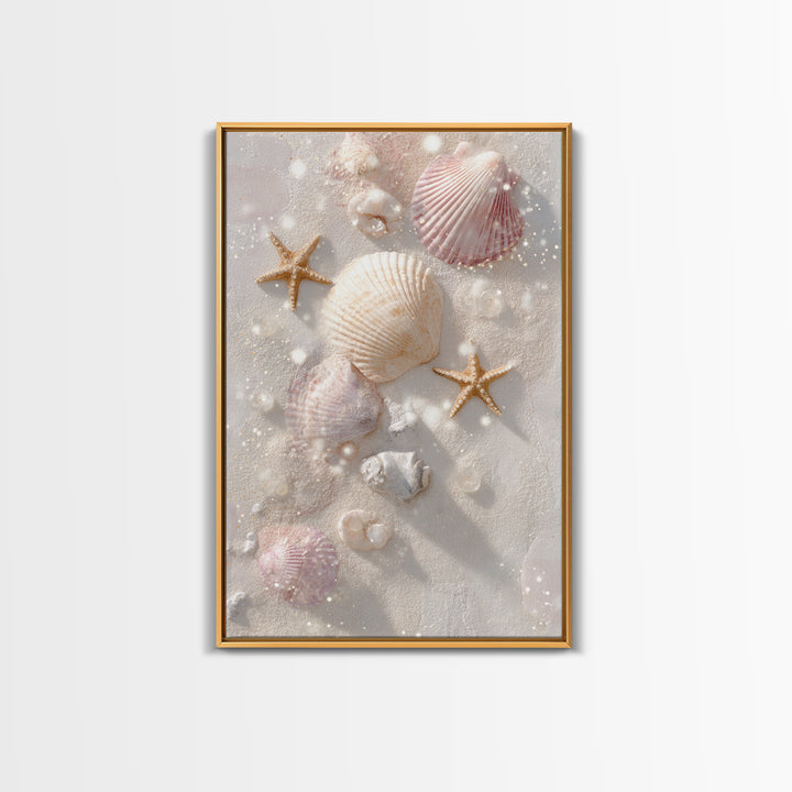Pastel Seashells And Starfish Canvas Print, Coastal Wall Art, Beach House Decor, Ocean Bathroom Art, Gift For Her, Nautical Decor
