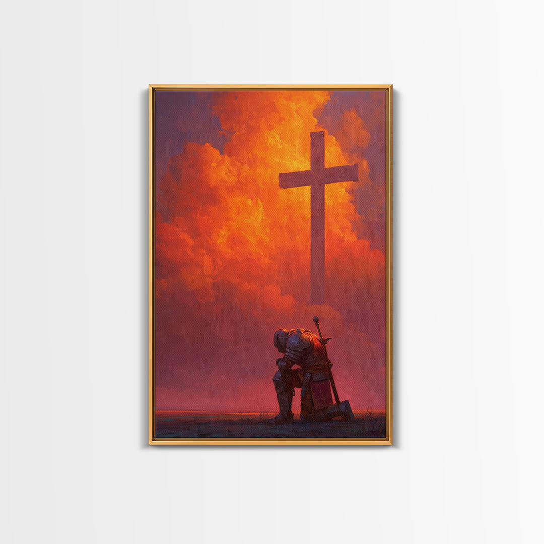 Medieval Knight Kneeling Before Cross In Fiery Sky Dramatic Fantasy Art Wall Art Canvas Print For Spiritual Decor
