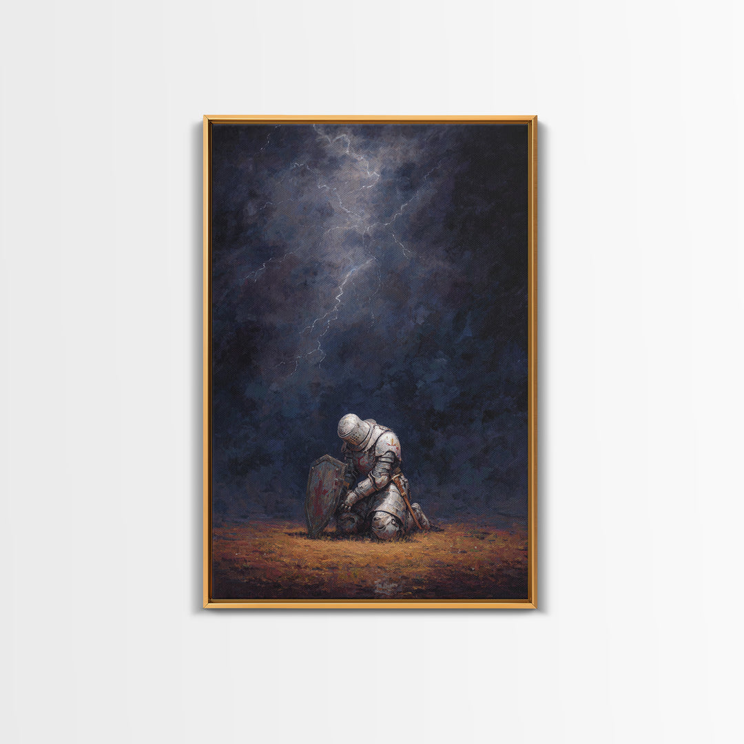 Kneeling Knight Painting With Dramatic Dark Stormy Sky Wall Art Canvas Print For Medieval Decor And Inspirational Office Wall Art