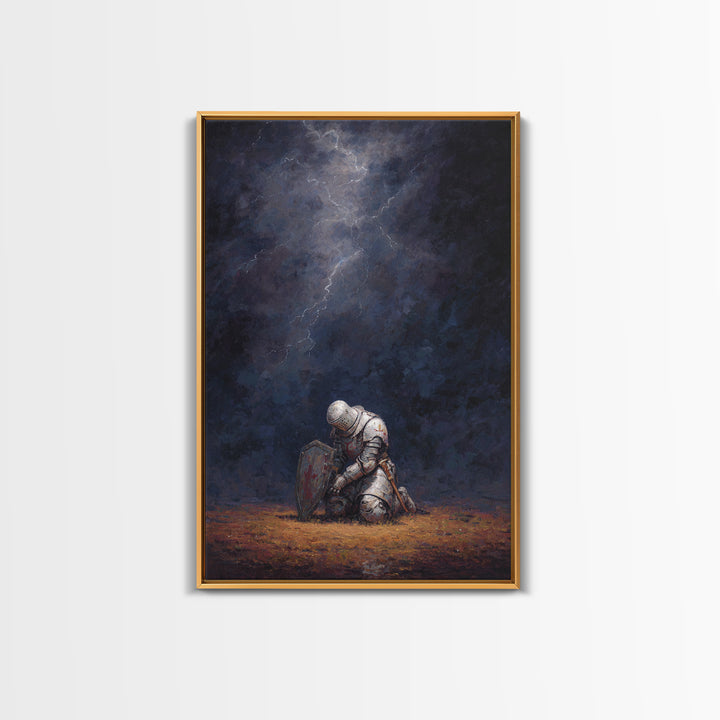 Kneeling Knight Painting With Dramatic Dark Stormy Sky Wall Art Canvas Print For Medieval Decor And Inspirational Office Wall Art