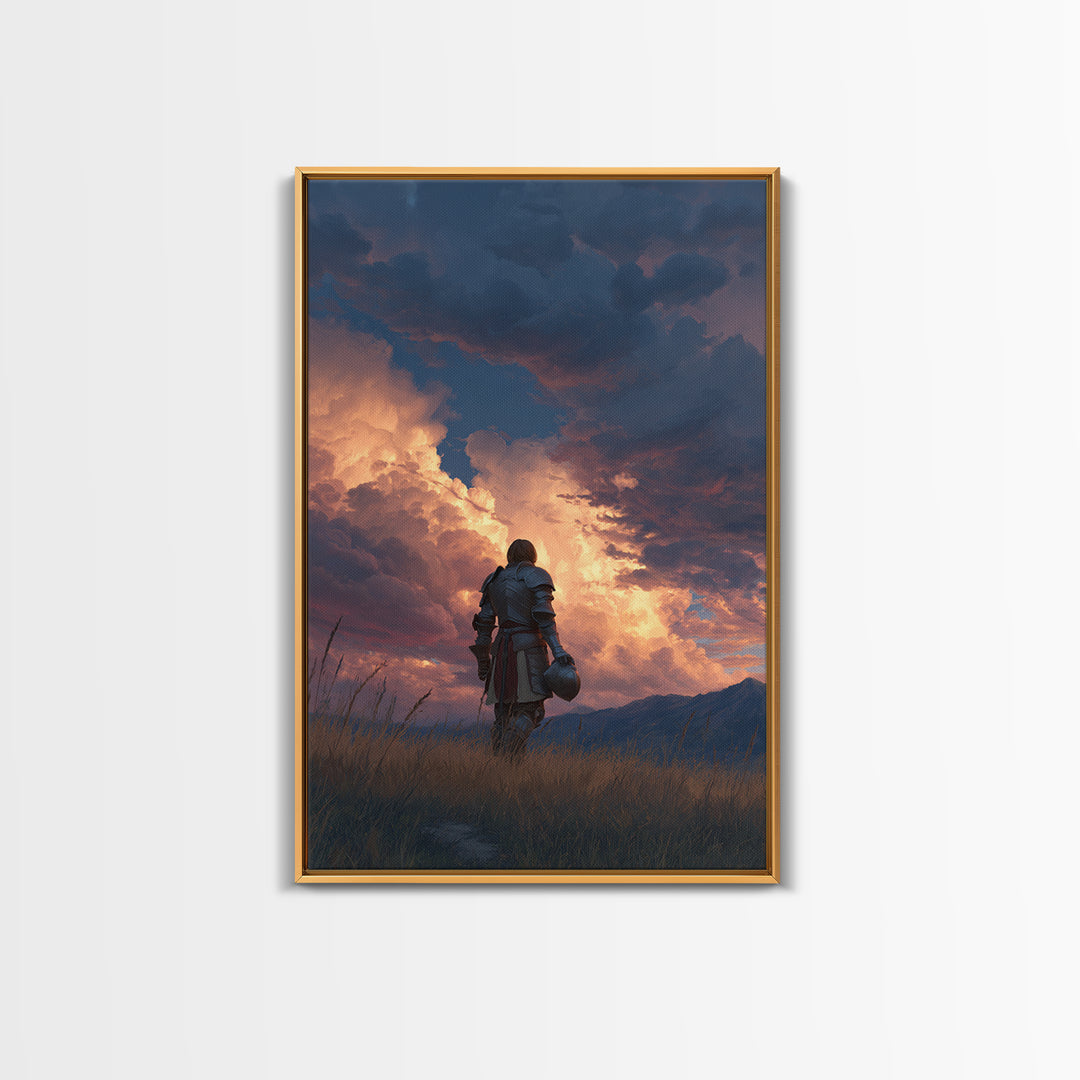 Knight Standing Under Dramatic Cloudy Sunset Sky Canvas Print Medieval Wall Art For Living Room And Office Decor