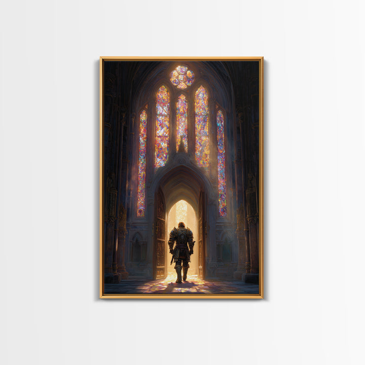 Fantasy Knight In Gleaming Armor Entering Stained Glass Lit Castle Hall - Epic Wall Art Framed Canvas Print For Fantasy Fans