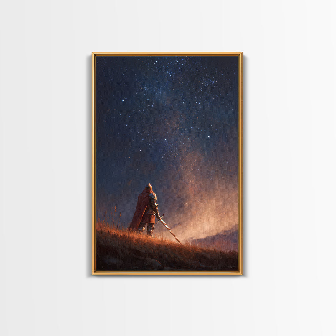 Knight Standing Under Starry Night Sky With Sword Illustration Fantasy Wall Art Framed Canvas Print For Home Decor