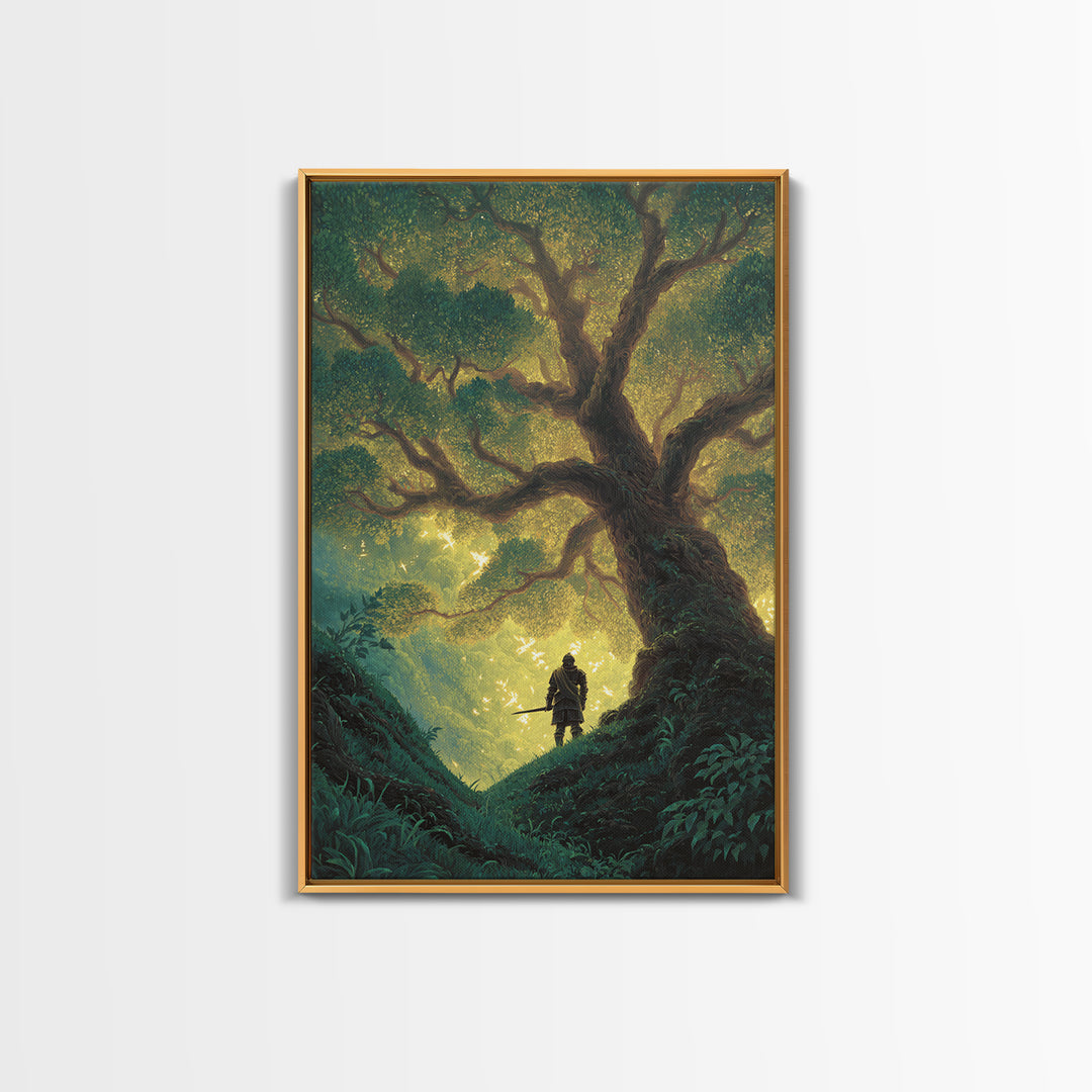 Fantasy Artwork Knight Standing Under Enchanted Glowing Tree In Mystical Forest - Canvas Print For Magical Wall Art And Fairytale Home Decor
