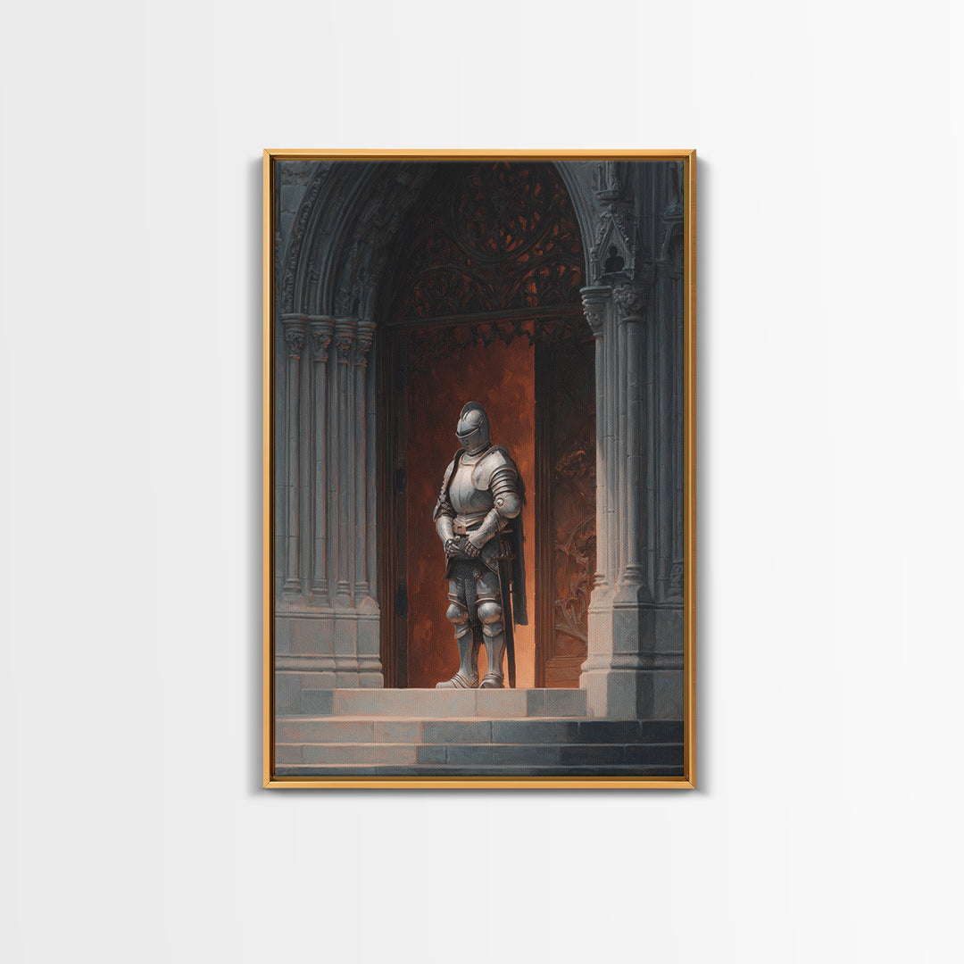 Medieval Knight Armor Standing At Gothic Cathedral Doorway Wall Art Framed Canvas Print For Home Decor Enthusiasts