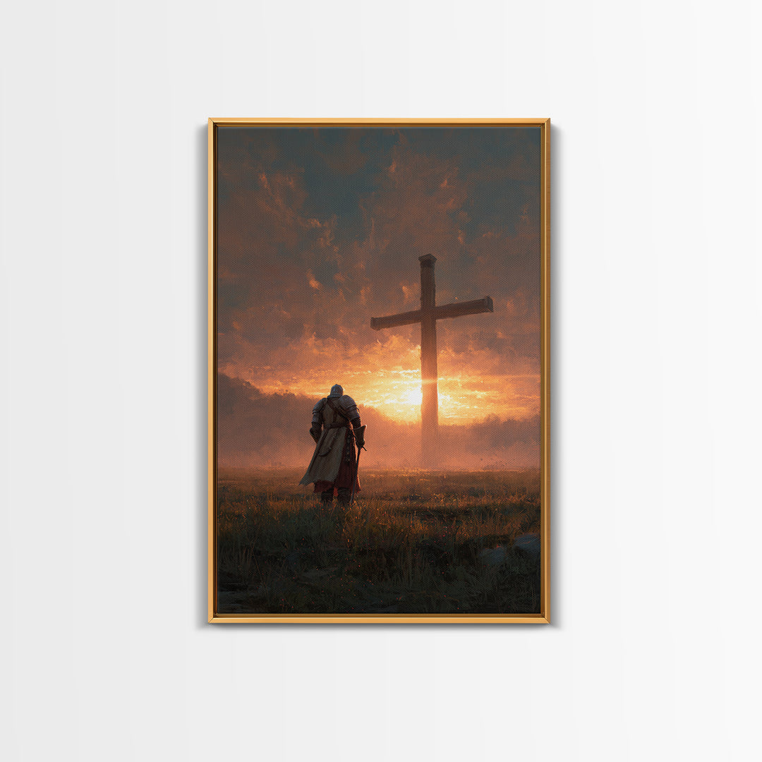 Knight Kneeling Before Large Cross At Sunset Spiritual Wall Art Framed Canvas Print Religious Artwork For Home Decor
