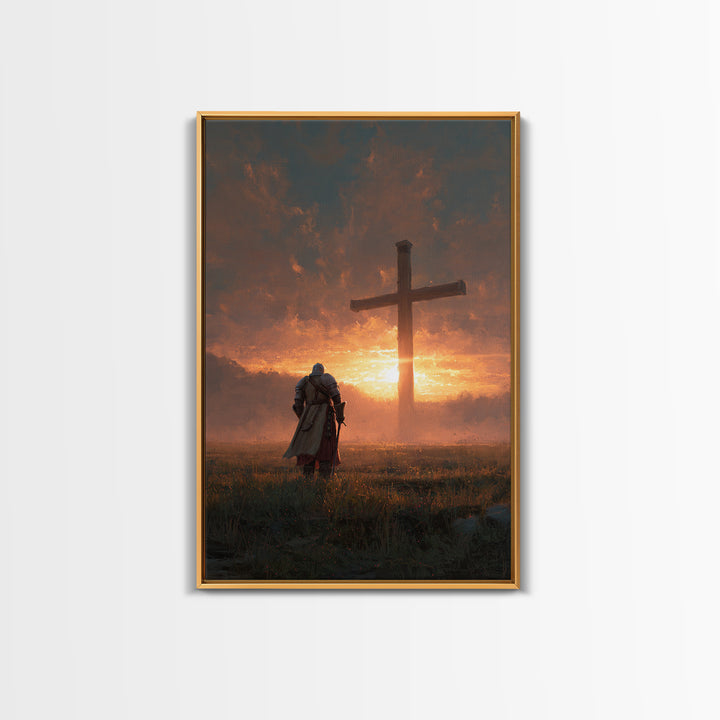 Knight Kneeling Before Large Cross At Sunset Spiritual Wall Art Framed Canvas Print Religious Artwork For Home Decor