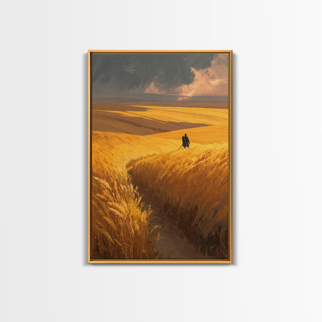 Expansive Golden Wheat Field With Lone Figure Walking Abstract Landscape Wall Art Modern Canvas Print For Rustic Home Or Office Decor