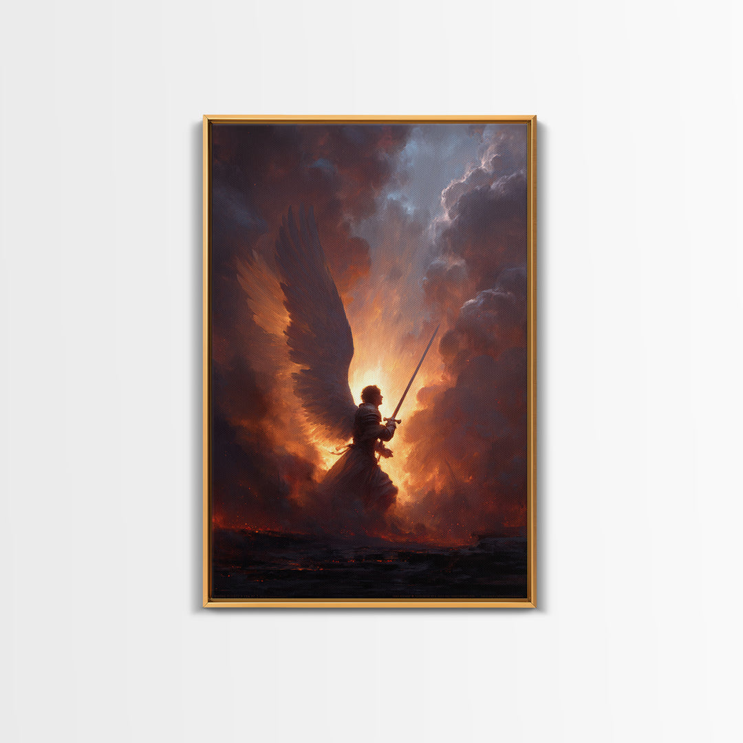 Epic Angel Warrior With Sword Radiant Light And Fiery Background Fantasy Art Framed Canvas Print For Home