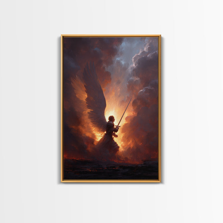 Epic Angel Warrior With Sword Radiant Light And Fiery Background Fantasy Art Framed Canvas Print For Home