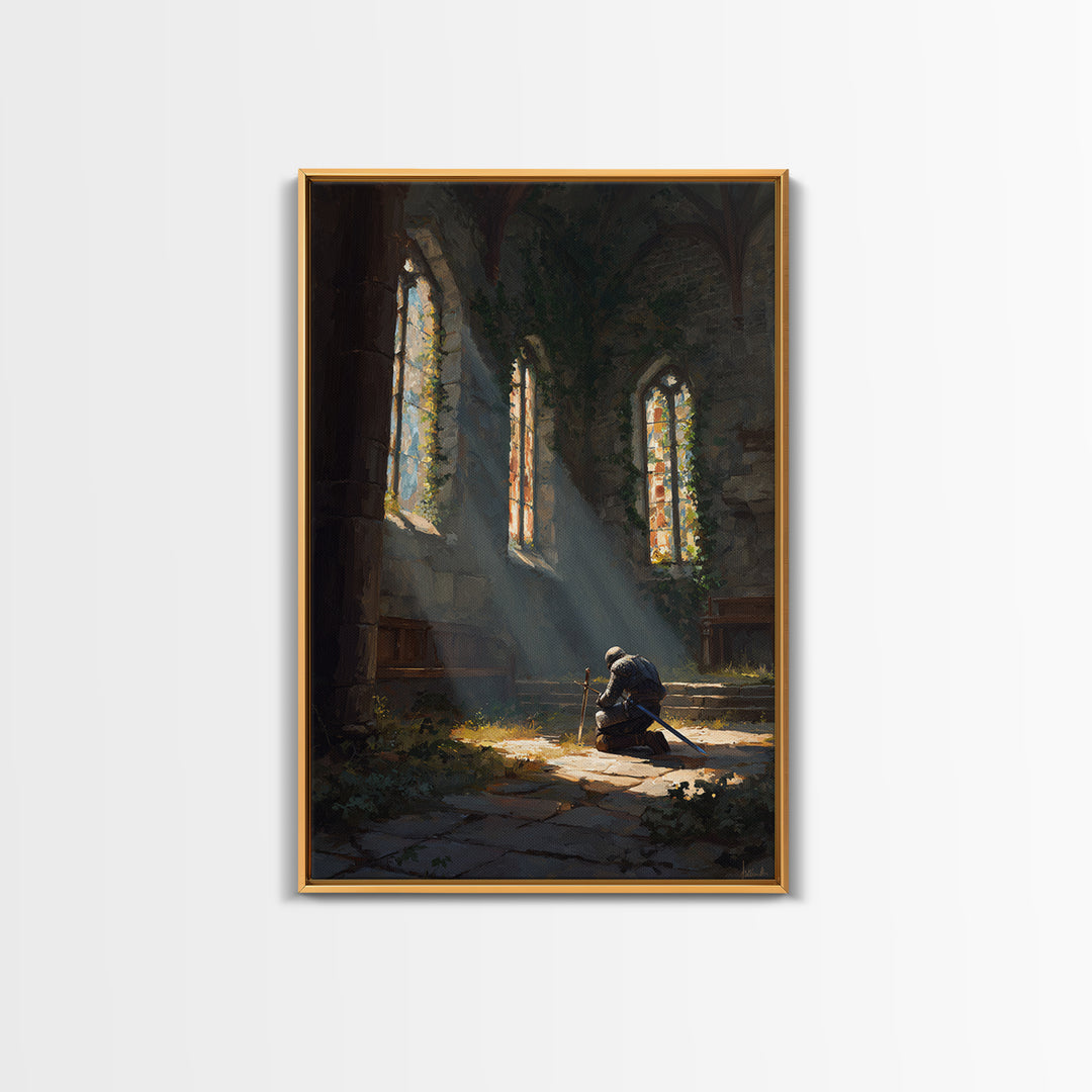 Medieval Knight Kneeling In Chapel With Sunlight Rays Warm Oil Painting Wall Art For Living Room Decor And Gift