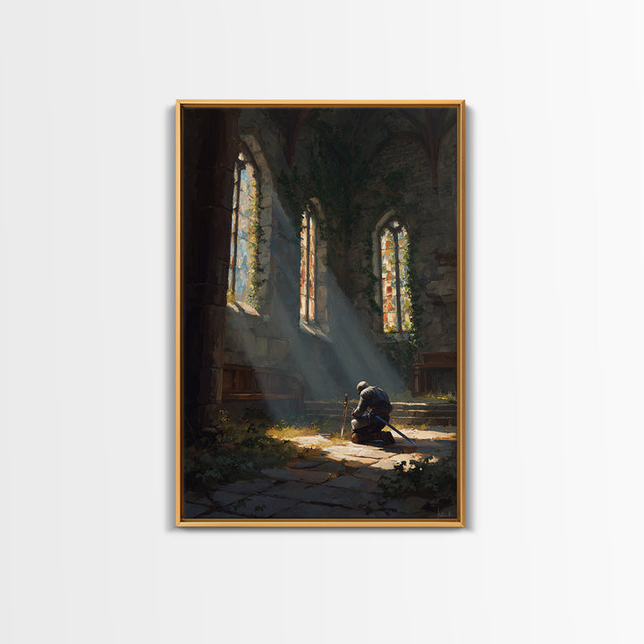 Medieval Knight Kneeling In Chapel With Sunlight Rays Warm Oil Painting Wall Art For Living Room Decor And Gift