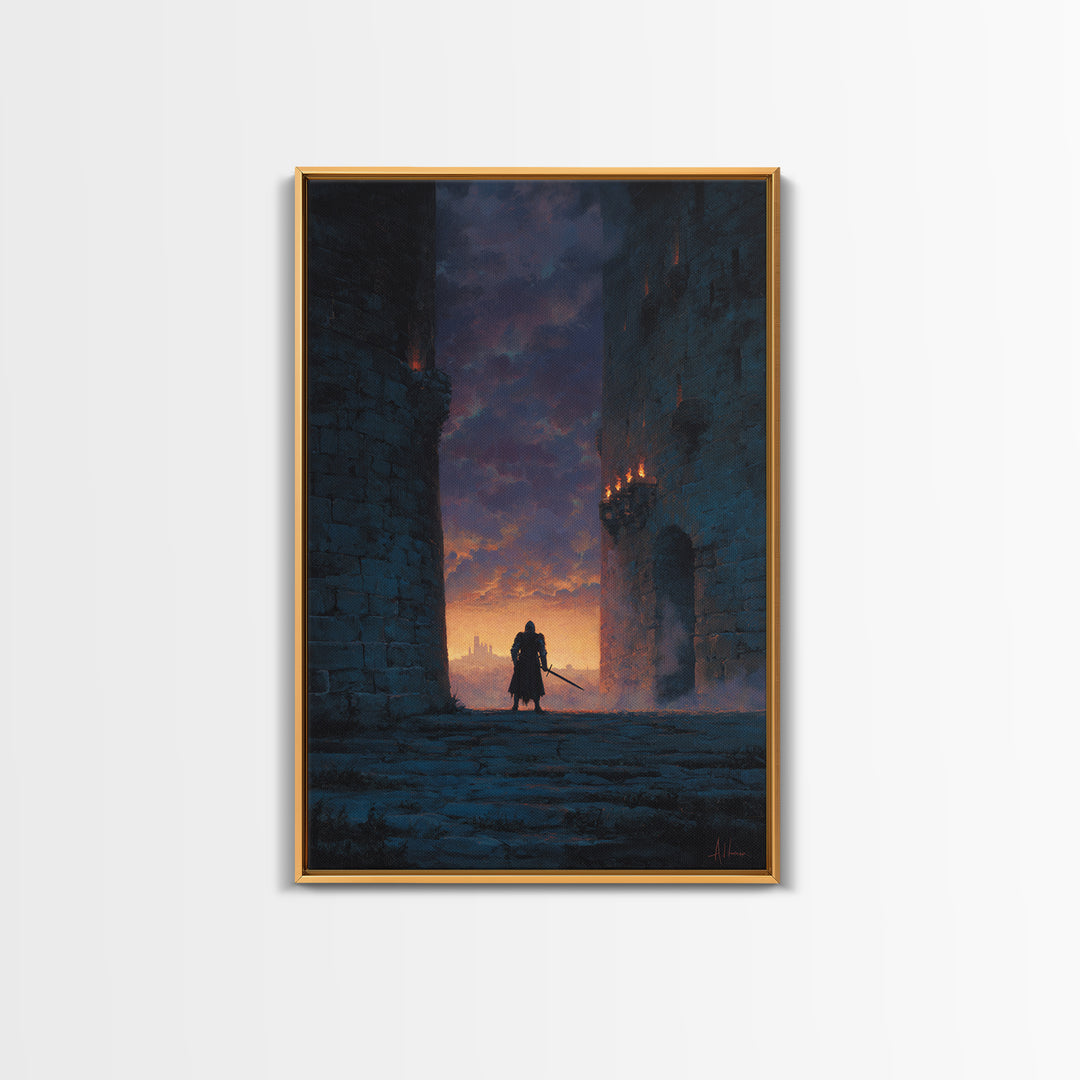 Knight Standing Between Ancient Castle Towers At Sunset With Sword Wall Art Framed Canvas Print For Home Decor
