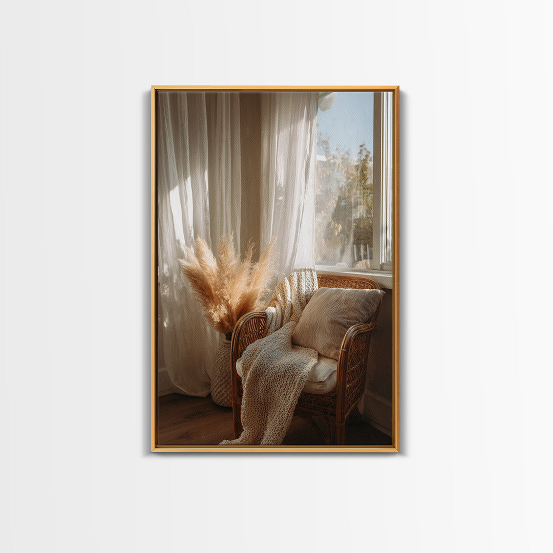 Cozy Wicker Chair And Pampas Grass Wall Art, Neutral Boho Home Decor, Sunlit Bedroom Canvas Print, Housewarming Gift For Her