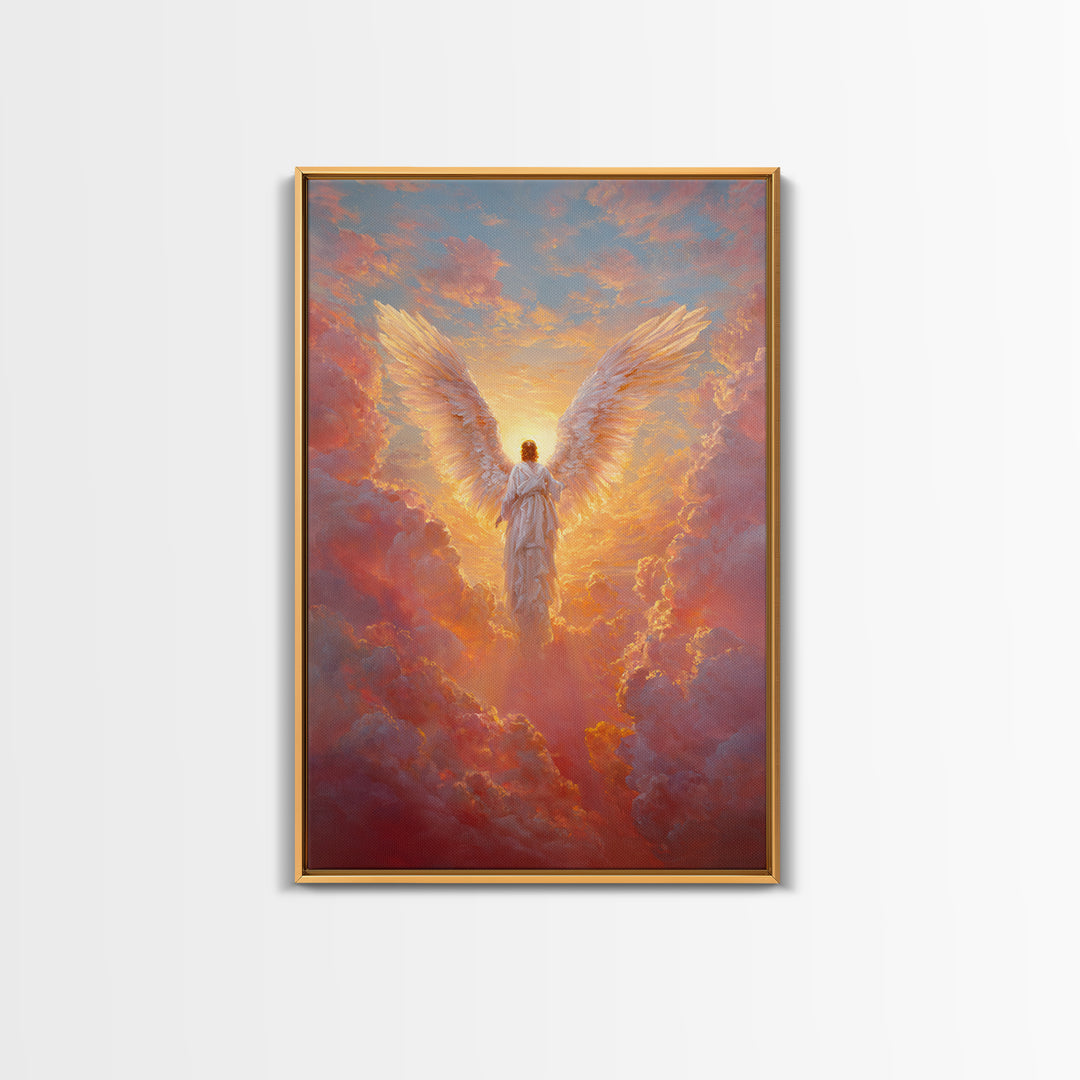 Glowing Angel In Radiant Sunset Sky Symbolic Spiritual Painting Wall Art Framed Canvas Print