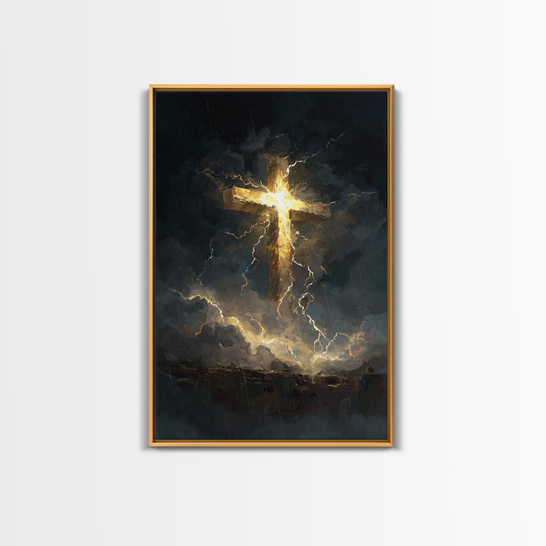 Powerful Cross Illuminated In Stormy Dark Sky Christianity Religious Wall Art Framed Canvas Print