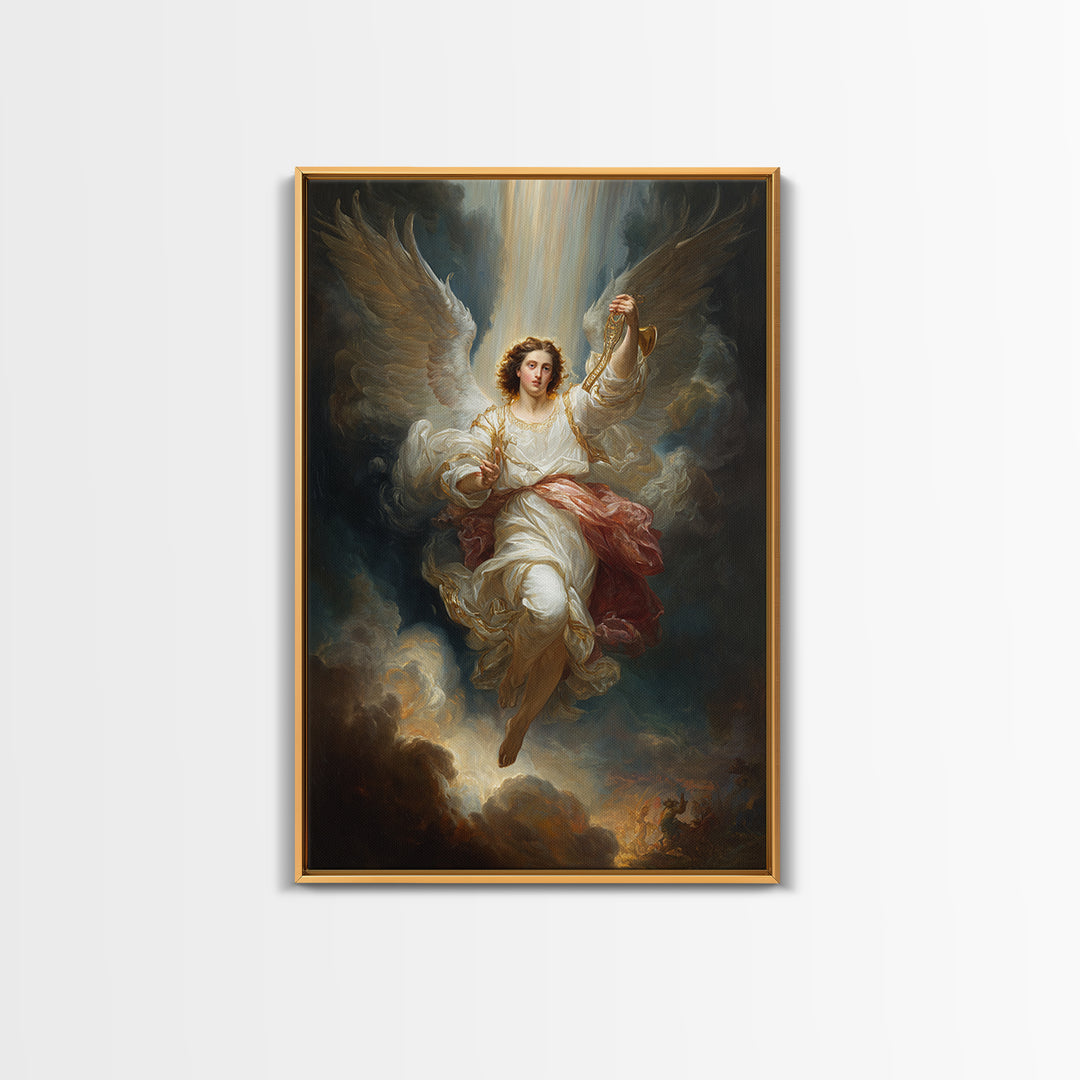 Radiant Angel In White Robes With Gold Accents And Warm Glowing Light - Framed Canvas Print For Home Decor