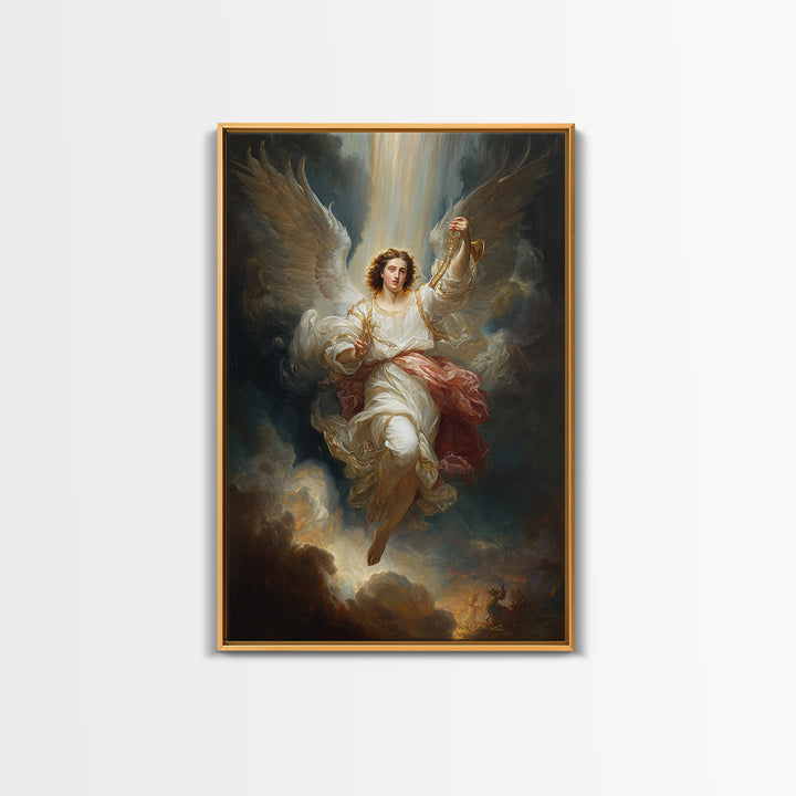 Radiant Angel In White Robes With Gold Accents And Warm Glowing Light - Framed Canvas Print For Home Decor