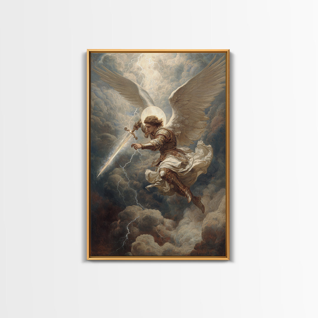 Majestic Archangel With Sword In Stormy Skies Wall Art Framed Canvas Print For Spiritual Home Decor