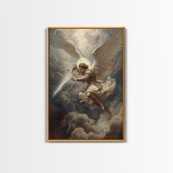 Majestic Archangel With Sword In Stormy Skies Wall Art Framed Canvas Print For Spiritual Home Decor
