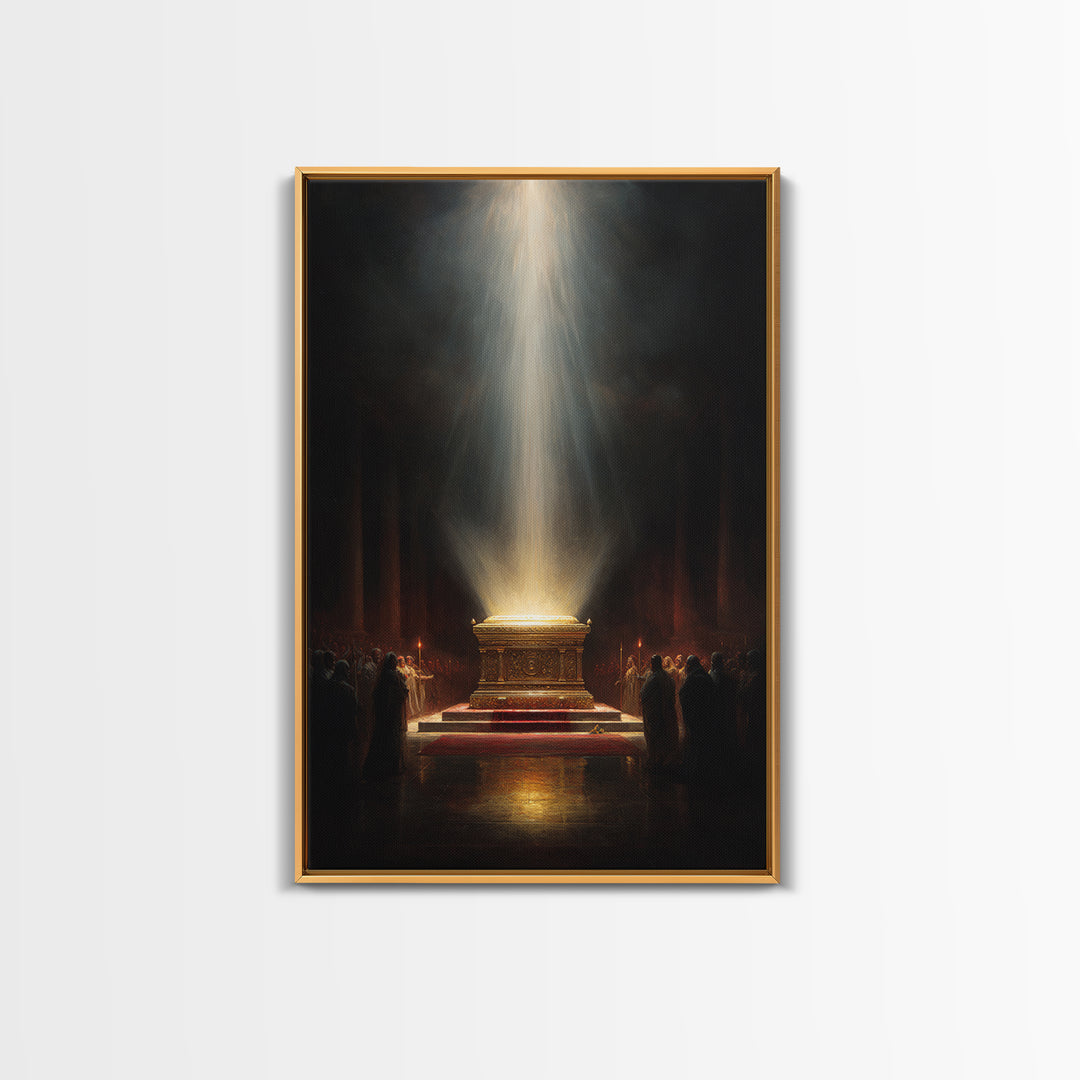 Golden Glowing Ark Illuminated By Light Rays Wall Art Framed Canvas Print For Religious Home Decor Gift