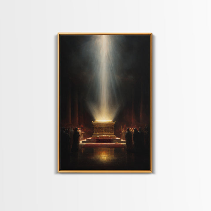 Golden Glowing Ark Illuminated By Light Rays Wall Art Framed Canvas Print For Religious Home Decor Gift