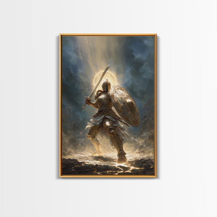 Heroic Knight In Golden Armor Digital Painting Canvas Print Wall Art For Medieval Decor And Fantasy Room Accent