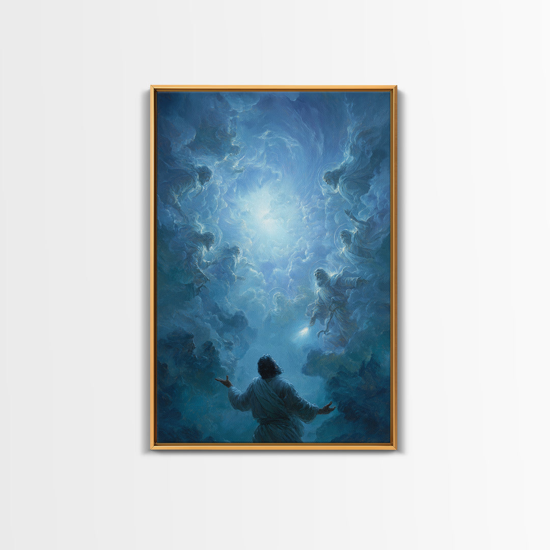 Celestial Encounter With Divine Figures In Blue Sky Spiritual Wall Art Framed Canvas Print For Home Decor