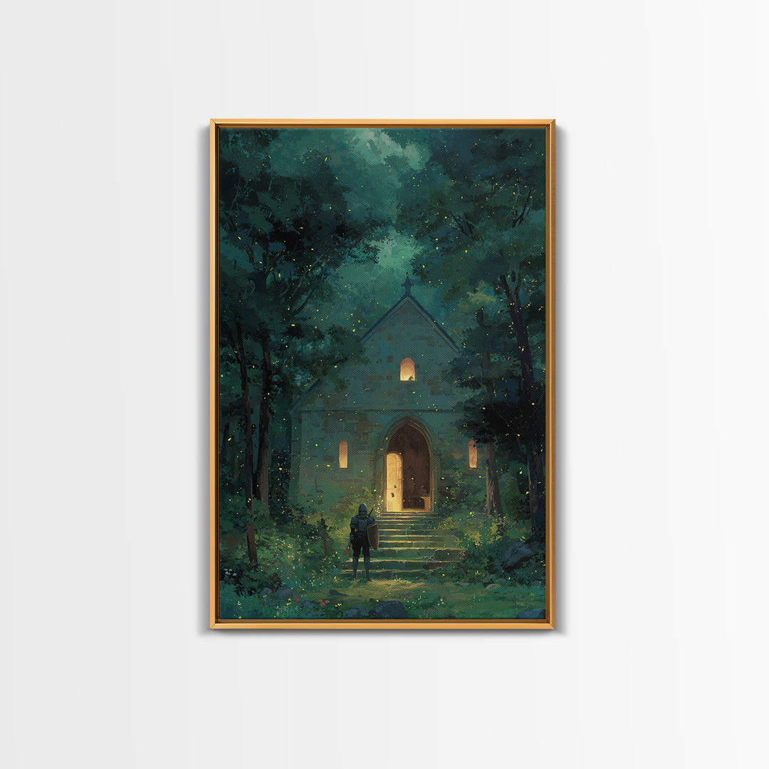 Knight Approaching Enchanted Forest Chapel With Fireflies At Dusk Wall Art Framed Canvas Print For Bedroom Decor